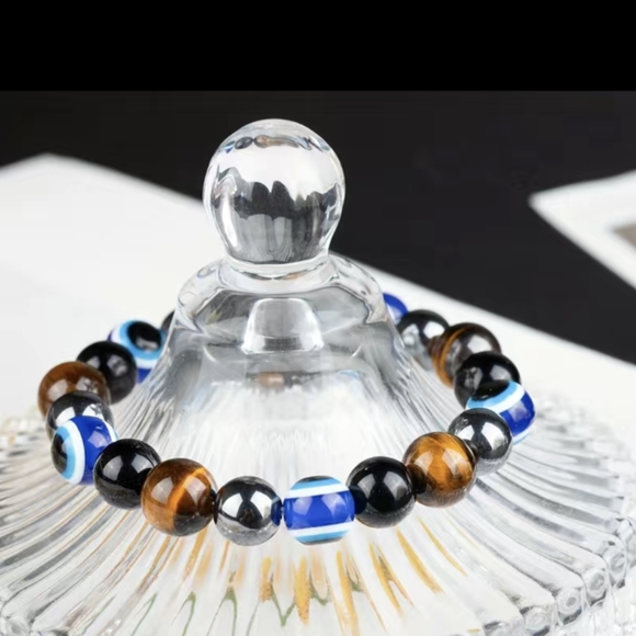 Hematite UNISEX Tiger Eye Evil Eye Stone Combination Triple Protection Bracelet - Picture 3 of 8